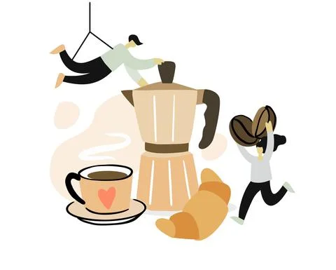 Two people make coffee for breakfast. Hot pot espresso with cup and croissant Illustrazione stock