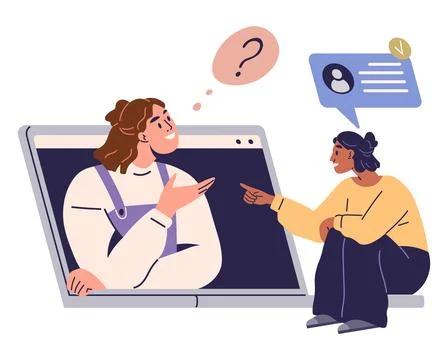 Two people, one emerging from a computer screen, interact in a virtual conver Illustrazione stock