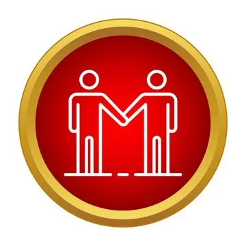 Two people outline icon shaking hands in a round red and gold button Stock Illustration
