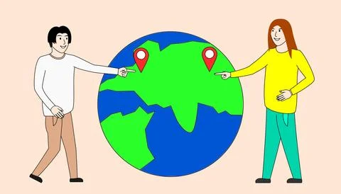 Two people pointing at the globe and telling a location to other people Stock Illustration