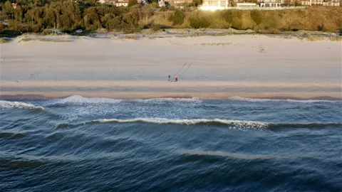 Two people on a sandy beach admire the waves of the sea Stock Footage 117335510