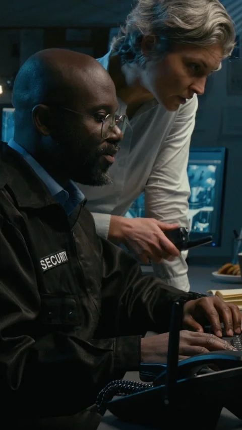 Two People in Security Command Center Watching Surveilance Video Feed Vertical Stock Footage 330805520