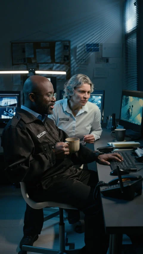 Two People in Security Control Room Watching Surveillance Monitors Vertical Stock Footage 330610552