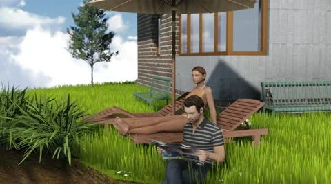 Two people sit on the edge of flying island with modern house Fly around Stock Footage 57321839