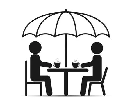 Two people sit at a table under an umbrella and drink tea or coffee Stock Illustration
