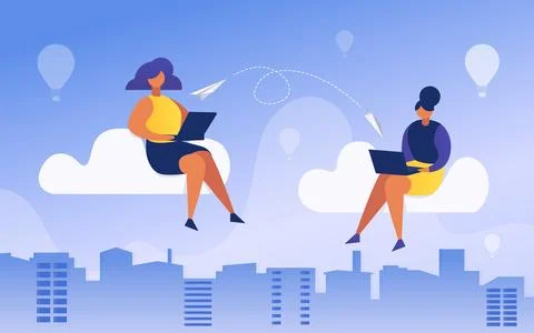 Two people sitting on clouds using laptops with city skyline and hot air Stock Illustration