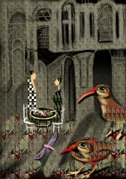 Two people sitting at a table in a dark room, weird creatures are moving arou Stock Illustration