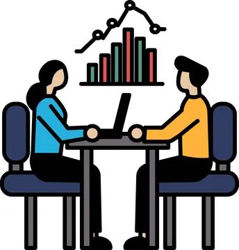 Two people sitting at a table with a laptop in front of them Stock Illustration