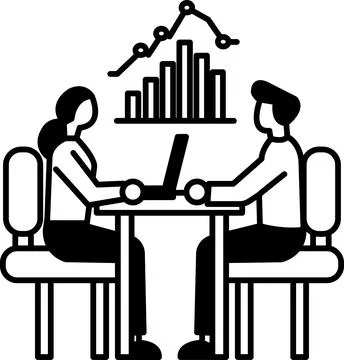 Two people sitting at a table with a laptop in front of them Stockillustratie