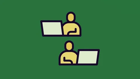 Two people sitting at a table with laptops and working on green background Stock Footage 336969201