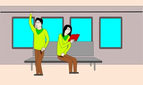 Two people sitting on a train, one reading a book Stock Illustration