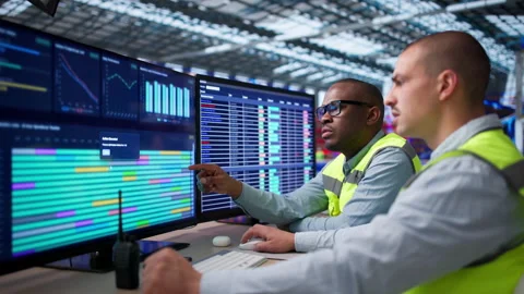 Two People Sitting In Warehouse Using Computer Stock Footage 335878255