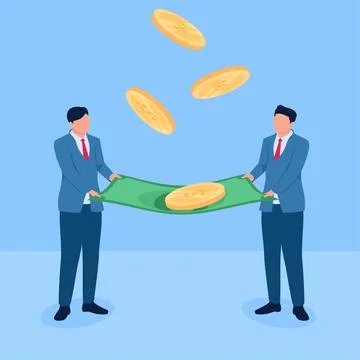 Two people spread banknotes to each other to accommodate fallen coins, a me.. Stock Illustration