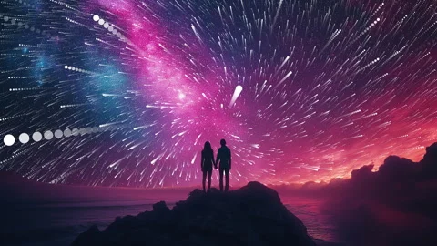 Two people stand on a rock, gazing at a star-filled sky Stock Footage 301894024