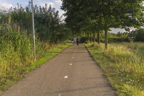 Two people stroll along paved trail in sunny countryside setting Foto stock