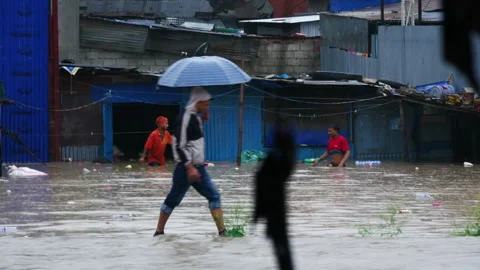 Two people struggling to gather assets and surviving flood in their property Stock Footage 286018067