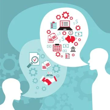 Two people surrounded by speech bubbles, gears, arrows and icons 库存插图