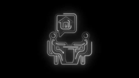 Two people at table discussing house icon in speech bubble neon outline Stock Footage 333969302