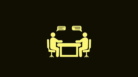 Two people at a table with speech bubbles in yellow on a dark animation bac.. Stock Footage 321854888