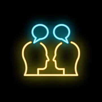 Two people talking with speech bubbles neon sign on black background Stock Illustration