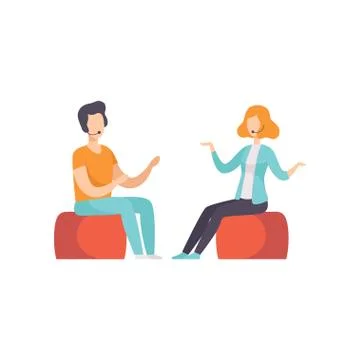Two people talking in a TV studio, television interview, talk show vector Stock Illustration