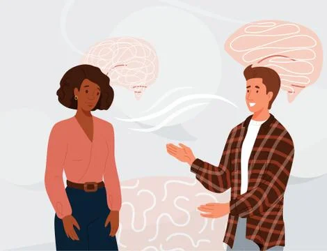 Two people talking vector background. Young man explain afro american woman Ilustración de archivo