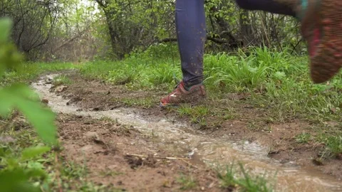 Two people trail running in forest on wet ground, slow Motion Stock Footage 106786313