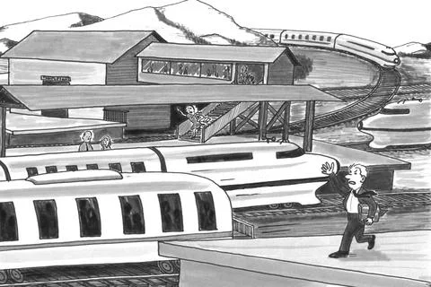 Two People Trying to Catch Moving Trains at Station Grayscale Drawing Stock Illustration
