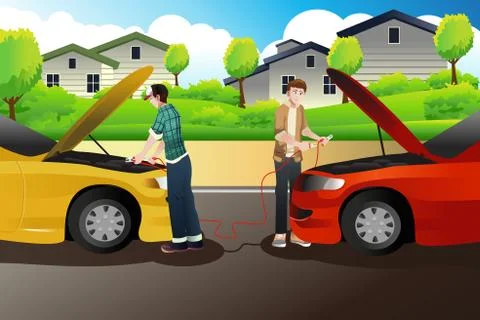 Two people trying to jump start a car Stock Illustration