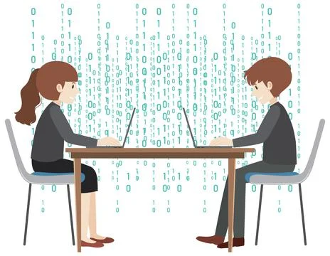 Two people using laptop with binary code background イラスト素材