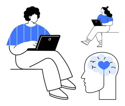 Two people using laptops, one sitting on a ledge and the other on a chair, pl Stock Illustration