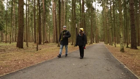 Two people walk together down a straight path lined with evergreens, emphas.. Stock Footage 308225904