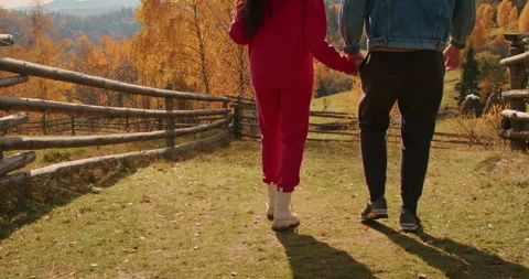 Two people walking in a countryside setting with autumn foliage. Rural leisure Stock Footage 265008809