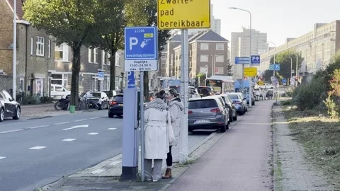 Two people walking in Den Haag at a parking meter Stock Footage 310924924