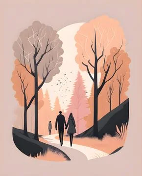 Two people walking down a path through a wooded area with tall trees Stock Illustration