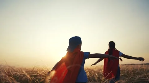 Two people walking through tall grass. Children playing in a field at sunset Video stock 316248718