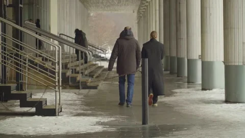 Two People Walking Under a Colonnade in a Winter City Walkway, Back View of Stock Footage 330468277