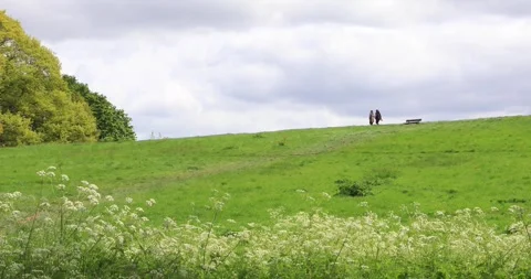 Two people walking on a windy green hill under heavy spring clouds Stock Footage 319769084