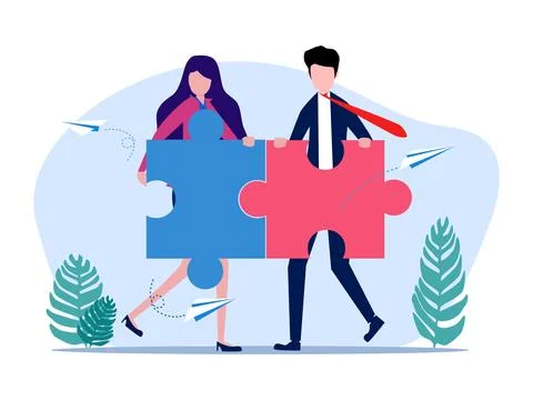 Two people work together to solve a jigsaw puzzle. Partnership concept. Colle Illustrazione stock
