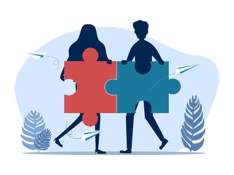 Two people work together to solve a jigsaw puzzle. Partnership concept. Colle Illustrazione stock