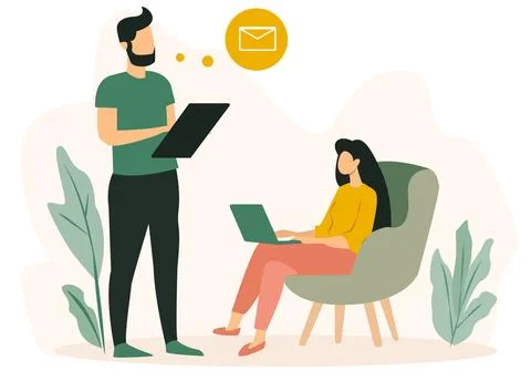 Two people working from home, one standing with a tablet and the other sitting Stock Illustration