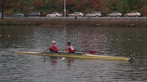 Two Person Crew Team Rowing on River Video stock 43057821