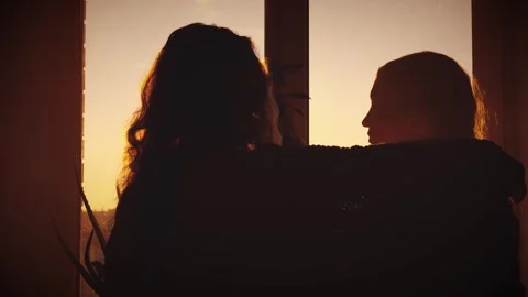 Two person dark shadow silhouette family concept care love. young woman daughter Stock Footage 310328313