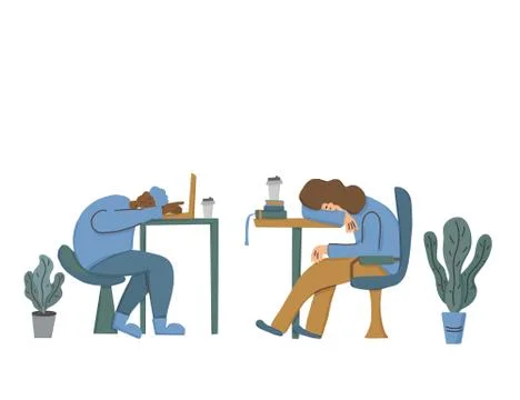 Two person sitting at the table and sleeping. Exhausted characters at work. F Stockillustratie