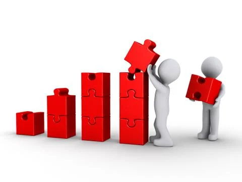 Two persons are building a graph made of puzzle pieces Stock Illustration