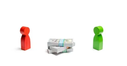 Two persons figures and a bunch of money between them on a white background.. Stock Photos