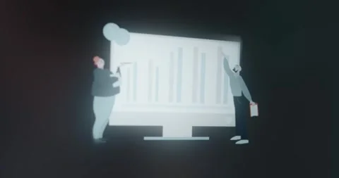 Two persons interacting with a large computer monitor showing data analysis Stock Footage 313865788