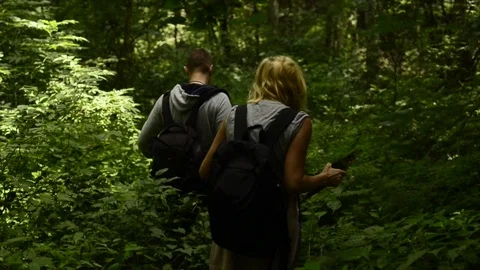 Two persons moving through the forest slow motion Video stock 89023088