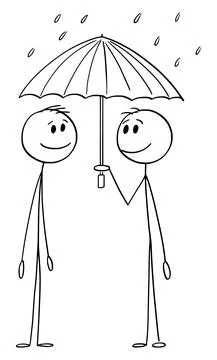 Two Persons Sharing Umbrella Protection in Rain, Vector Cartoon Stick Figure Ilustración de archivo