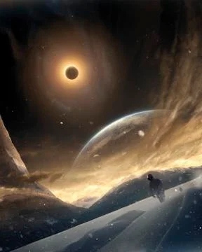 Two persons trying to find their way on an unknown alien planet. Stock Illustration